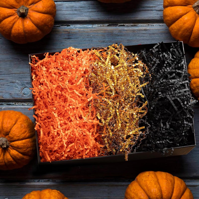 Gloreyan 3 Colors Halloween Crinkle Cut Paper Shred, Black Orange Gold Raffia Paper Sherd Filler Grass for Gift Wrapping Basket Filling Birthdays Weddings Party Supply(10.6 oz) - Image 3